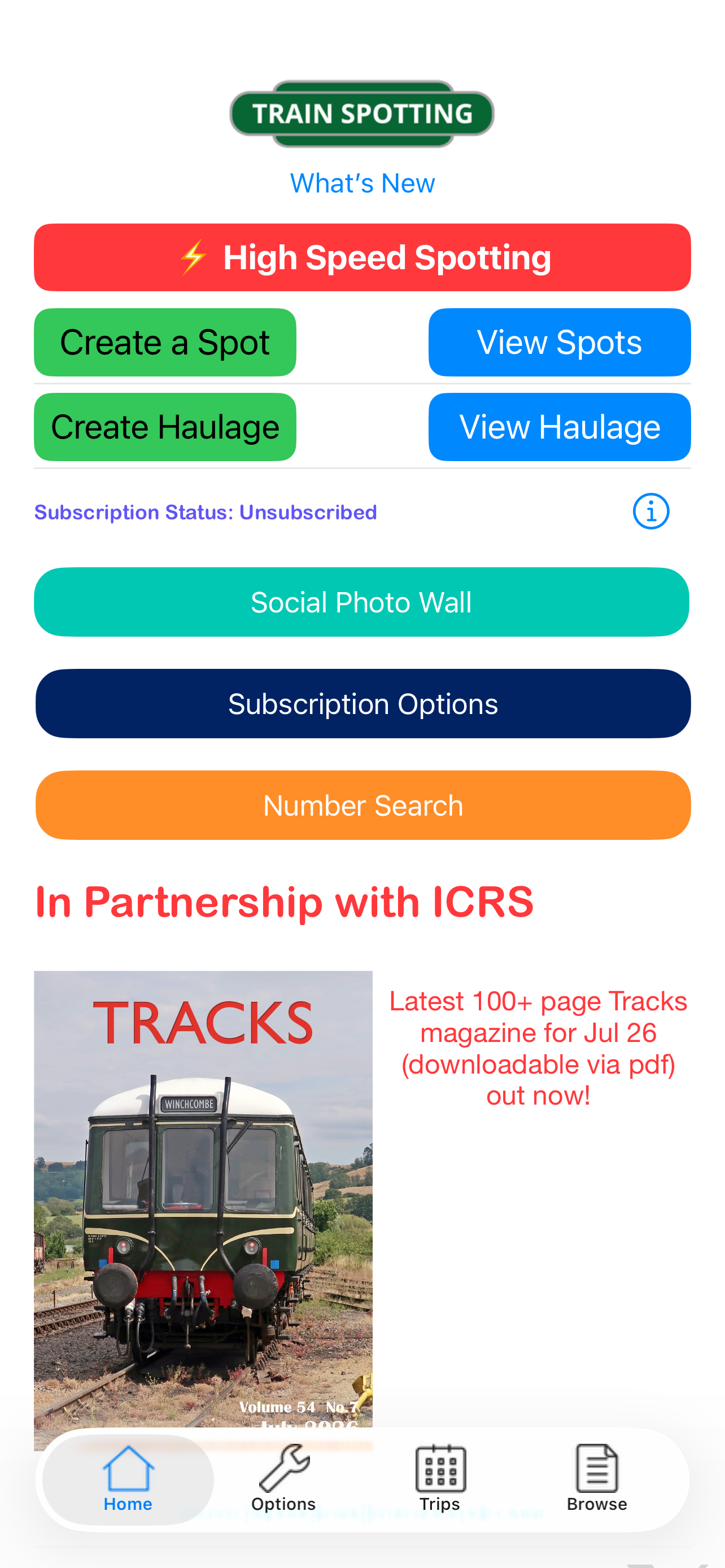 TrainSpotting Home screen showing the latest app features